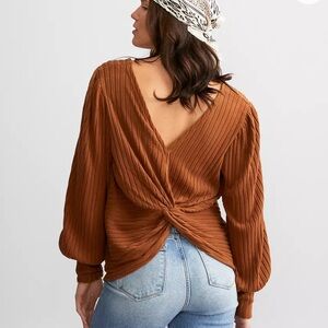 White Crow Twist Back Velvety Ribbed Rust V-Neck Sweater